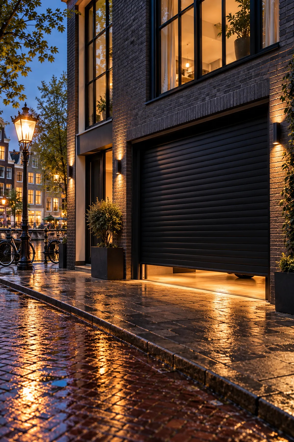 Zwarte garageroldeur bij een stadswoning